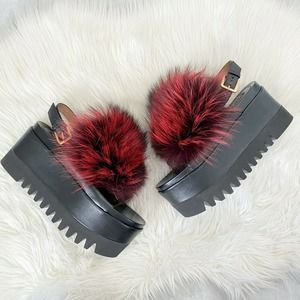 Sergio Rossi Fur Platform Wedge Slingback Sandal